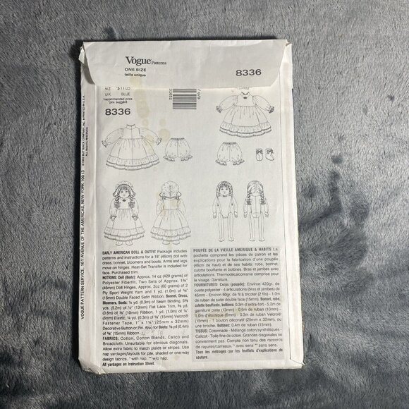 VTG 90s Vogue Linda Carr 8336 18" Girl Doll Early American Clothes Pattern Uncut - Picture 2 of 7